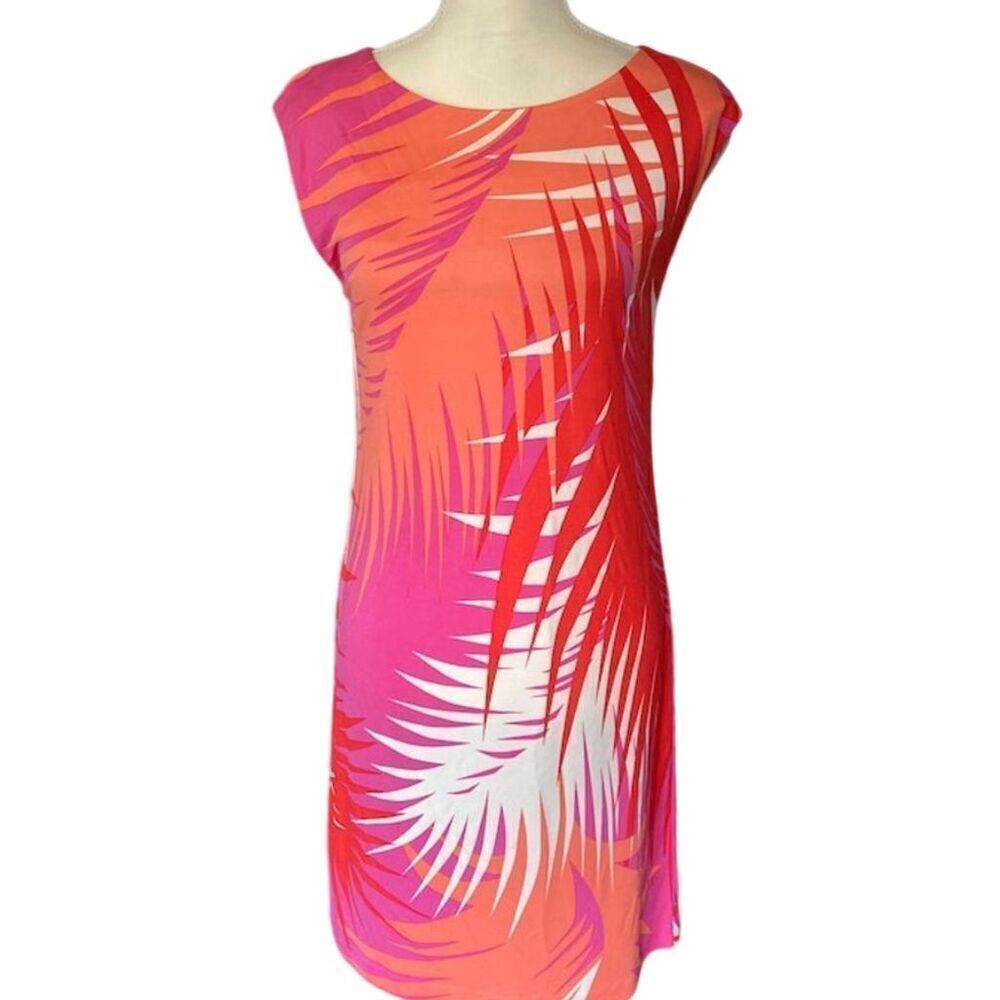 Tibi Women's Shift Dress Size S Pink/Orange Palm Leaf Sleeveless Party